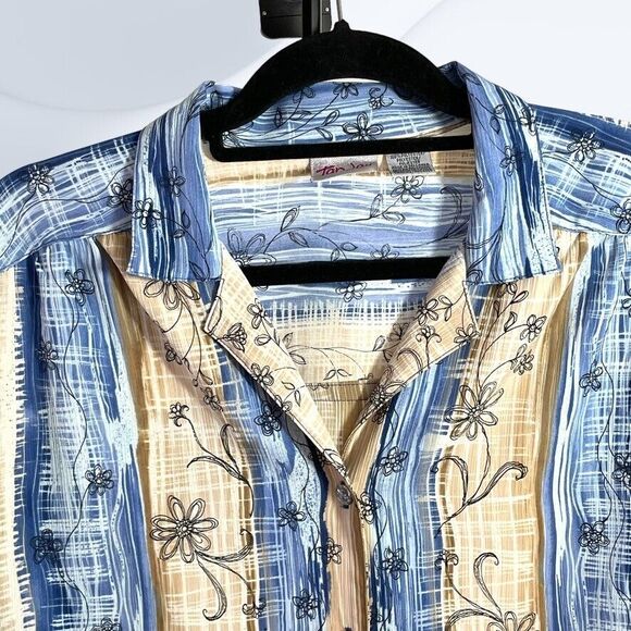 Tan Jay Womens Tan Blue Floral Short Sleeve Button Up V-Neck Top Size 20W - Picture 2 of 5